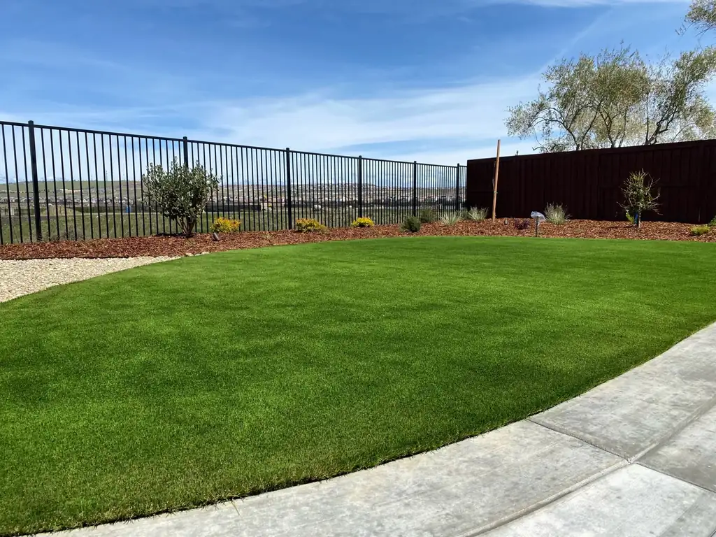 Curved backyard lawn of new artificial grass